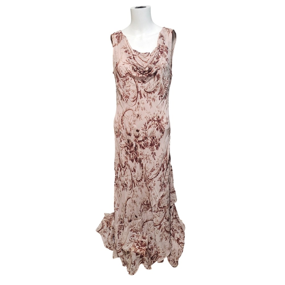 VTG Floral Maxi Slip Dress M Pink Brown Beaded Cowl Neck Romantic Fairy Ethereal
